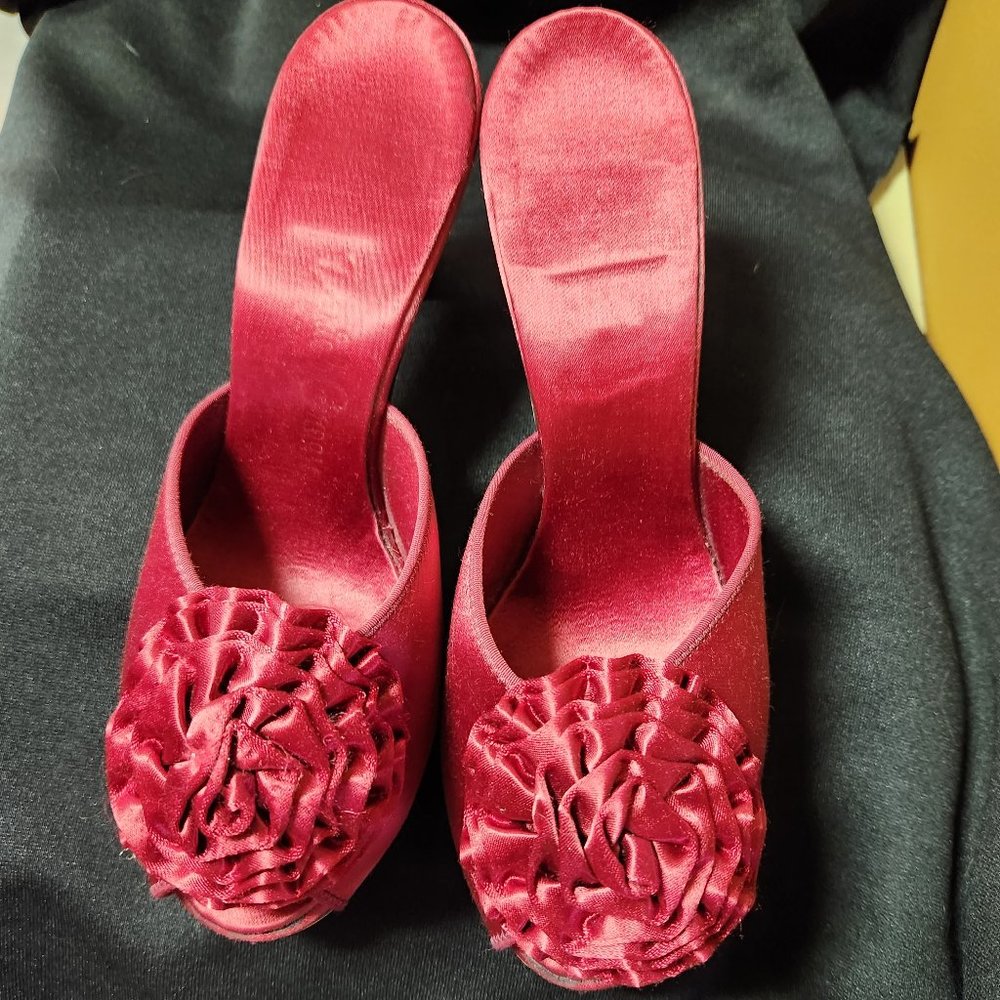 Red Satin Boudoir Slippers by Danial Green 1950's Vintage Beautiful